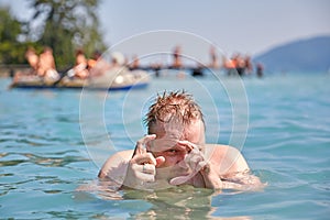 Young woman and man bathing