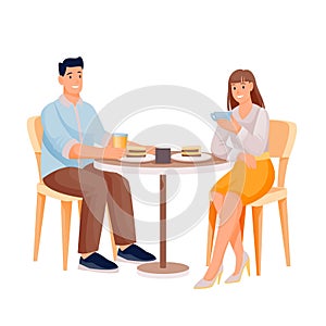 Young woman and man in cafe with coffee or tea and cakes. Two happy people sitting on chairs at table with cups and