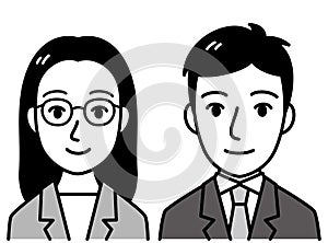 young woman and man in gray suit, vector illustration, black and white