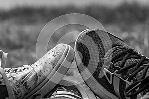 Young woman and man legs shod in running shoes