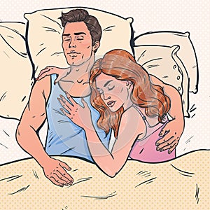 Young woman and man sleeping together. Couple sleeping in bed and hugging.