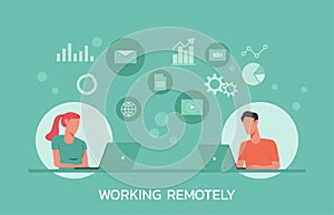 Young woman and man working from home on laptops