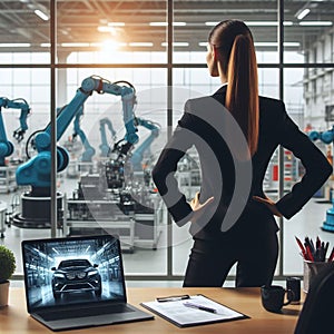 Young woman manager stands up at office looking industrial plant.