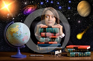 Young woman with many books at the desk photo