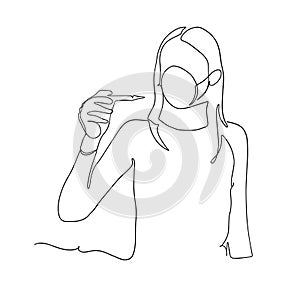 Young woman in mask holds thermometer. infected woman measuring her temperature with thermometer in quarantine line illustration.