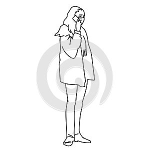 Young woman in medical mask calls relatives on phone while coronavirus pandemic. Vector illustration of sad girl in hand