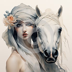 A young woman in medieval dress and a white horse. Digital watercolor illustration