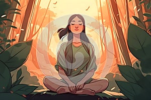 young woman meditate in nature healing body mind and soul, mental health awareness day concept