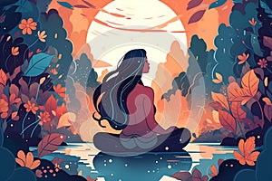 young woman meditate in nature at night , healing body mind and soul, mental health awareness day concept