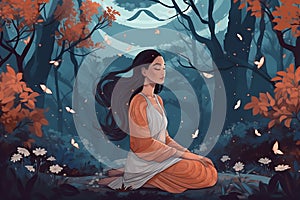 young woman meditate in nature at night , healing body mind and soul, mental health awareness day concept