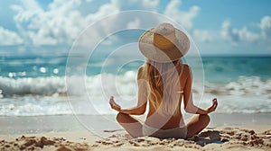 Young woman meditating on the beach in lotus position. Healthy lifestyle concept