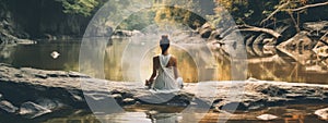 A young woman is meditating by the lake