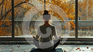 Young woman is meditating in stylish minimalistic environment. Luxury interior. The concept of health care, yoga and
