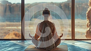 Young woman is meditating in stylish minimalistic environment. Luxury interior. The concept of health care, yoga and