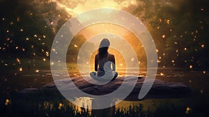 Young woman meditating at sunset at the lakeshore, in a magical landscape filled with golden light and sparkles. Generative AI