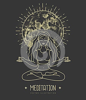 Young Woman meditation in lotus position with full moon. Moon astrology sign.