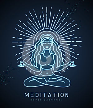 Young Woman meditation in lotus position with full moon. Moon astrology sign. Neon sign.