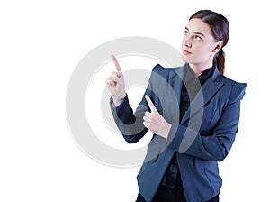 Young woman model holding her arm out and showing copy space for product. Isolated over white background.