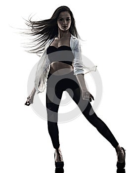 Young woman modern ballet dancer dancing isolated white background silhouette shadow