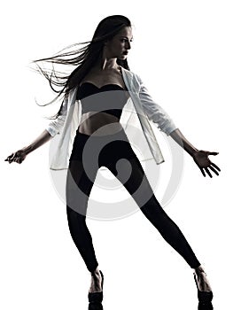 Young woman modern ballet dancer dancing isolated white background silhouette shadow