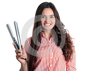 Young woman with modern hair iron on white