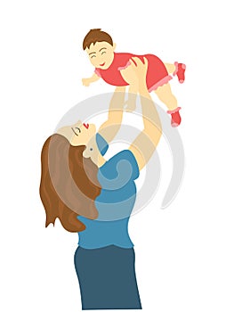 Young woman mom raises a baby child in her arms above her head