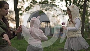 Young woman mother Collects yellow dandelion flowers with two siblings babies sisters girl in spring park. Happy pretty