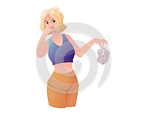 Young woman, mother holding a smelly used baby diaper, pinching her nose with her hand in disgust. Vector isolated