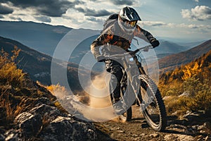 Young Woman on a Mountain Bike Riding to the Mountains extreme closeup. Generative AI