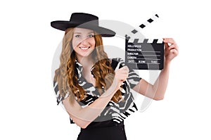 Young woman with movie clapboard