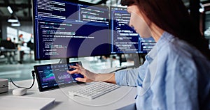 Young Woman Multitasking On Computer, Analyzing Data For Marketing Dashboard