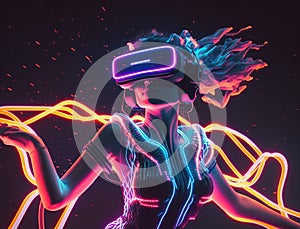 Young woman with neon lights wearing VR headset, dancing and experiencing virtual reality simulation, metaverse and fantasy world