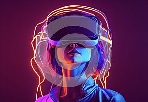 Young woman with neon lights wearing VR headset and experiencing virtual reality simulation, metaverse and fantasy world