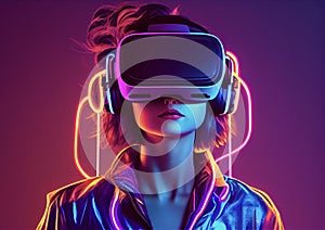 Young woman with neon lights wearing VR headset and experiencing virtual reality simulation, metaverse and fantasy world