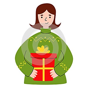 Young woman with New Year gifts. Funny cartoon characters preparing for Christmas. Girl receiving presents. Christmas