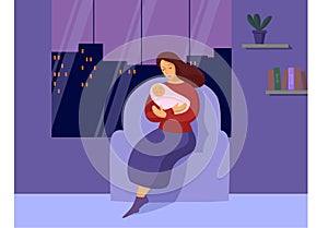 Young woman with a newborn late at night