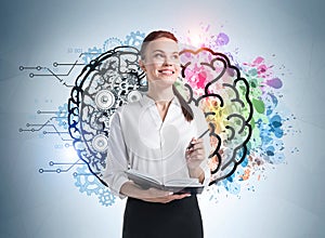 Young woman with notebook and colorful brain sketch