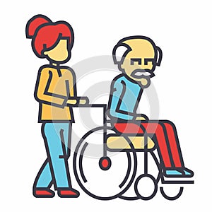 Young woman nurse strolling with elder man in wheelchair, social help concept.