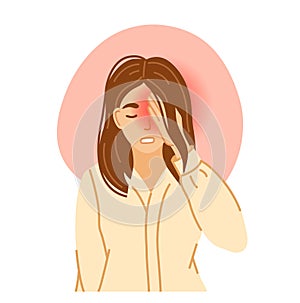 Young woman in office clothes suffering from cluster headache and pain, pressing hand to her throbbing eye. Vector hand