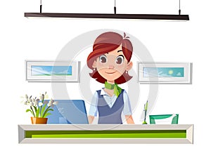 Young woman at the office table. Cartoon character and interior objects on a white background.