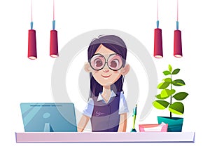 Young woman at the office table. Cartoon character and interior objects on a white background.