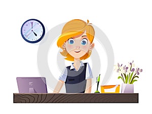 Young woman at the office table. Cartoon character and interior objects on a white background.