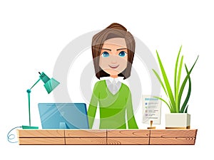 Young woman at the office table. Cartoon character and interior objects on a white background.