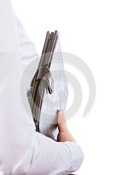 Young woman office worker hold case with files.