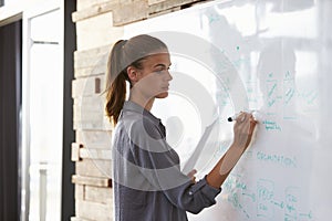 Young woman in an office writing on a whiteboard, close up