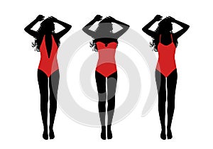Young woman in one-piece swimsuit taking sunbath silhouettes set