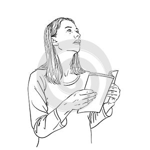 Young woman with open book in hands, looks sideways up, vector sketch, hand drawn linear illustration