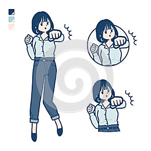 Young woman in an open-collared shirt with Punch in front images