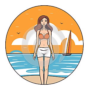Young woman in orange bikini standing on beach, sunset sea background, sailboat on horizon. Summer vacation, beachwear