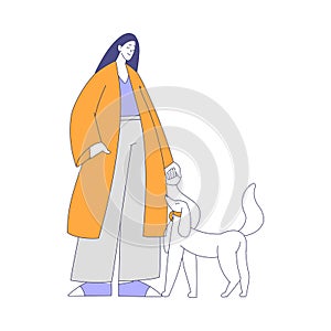 Young Woman in Orange Coat Walking with Cute Dog on the Leash Vector Illustration